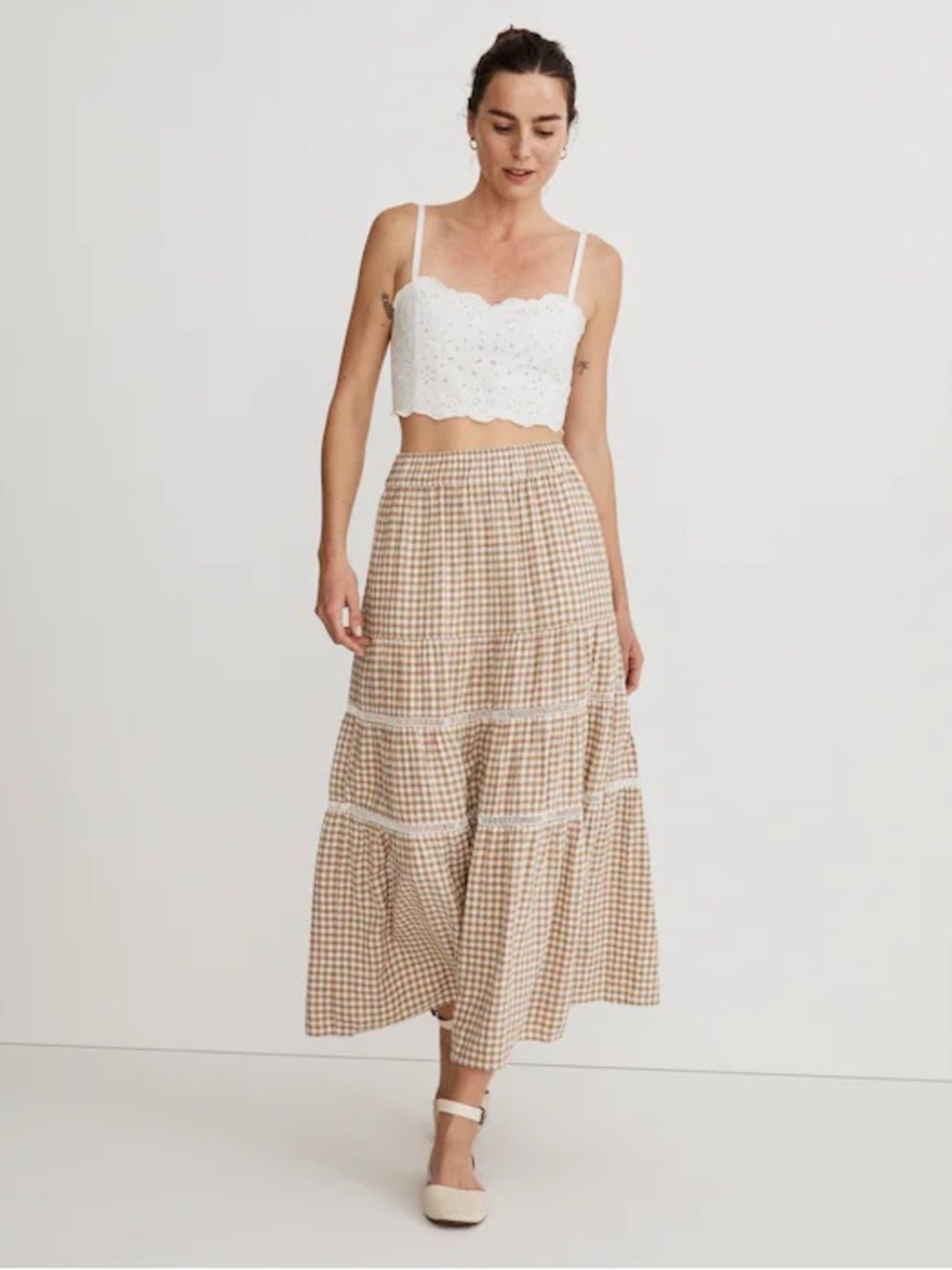 Madewell Linen-Blend Eyelet-Trim Tiered Maxi Skirt | Gingham Seed Khaki | XXS